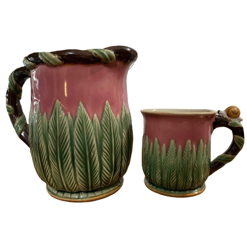Majolica 6.5” Pitcher Branch Handle Green Brown and Pink With Snail and 4” Cup